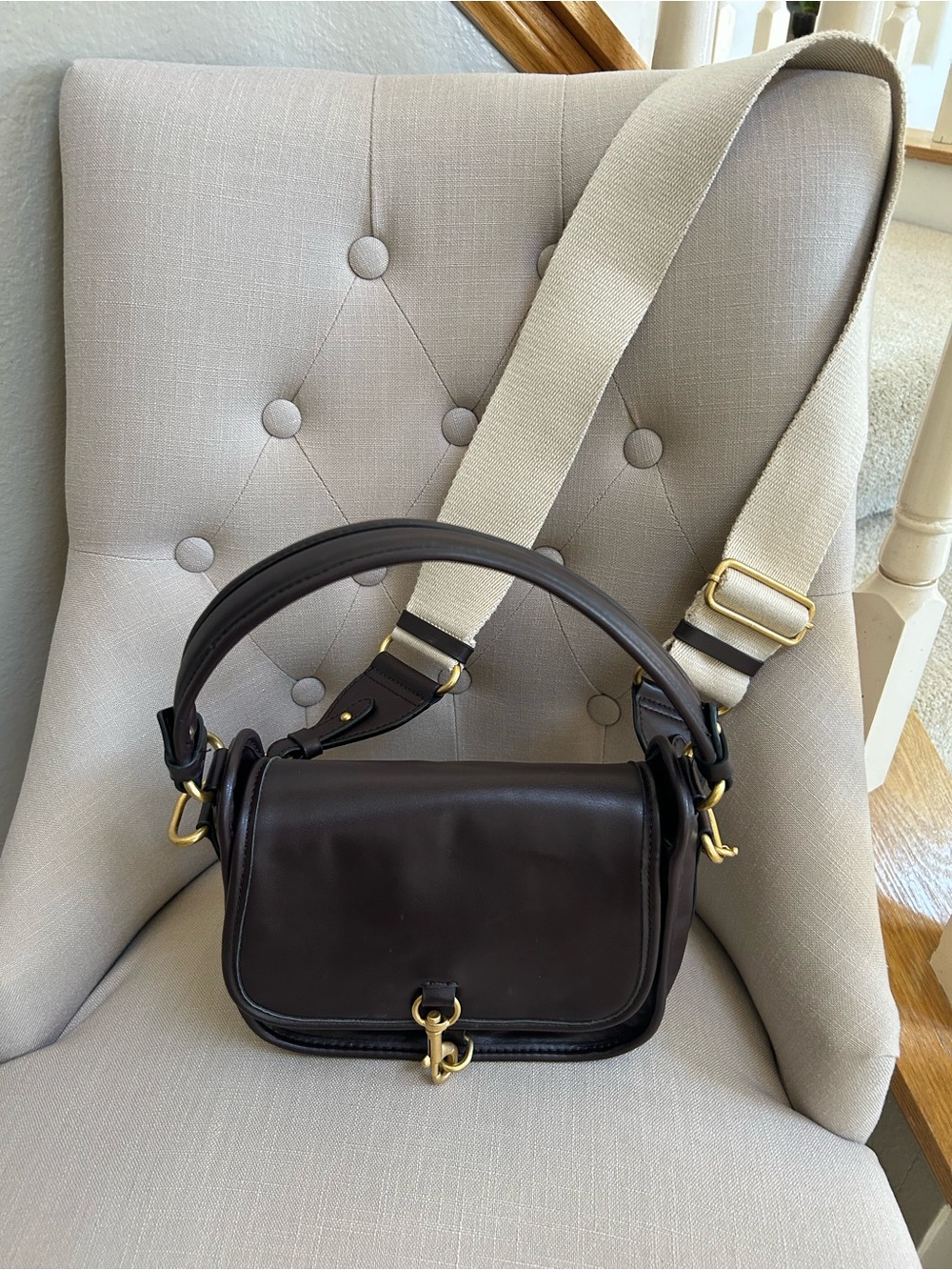 Zara Dark Brown Leather Crossbody with Cream Strap & Clasp Detail .